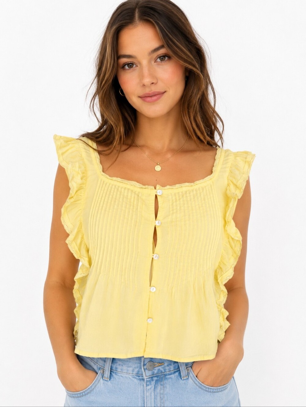 Aritzia Wilfred Yellow 100% Cotton Top Blouse Boho Tie Waist XS